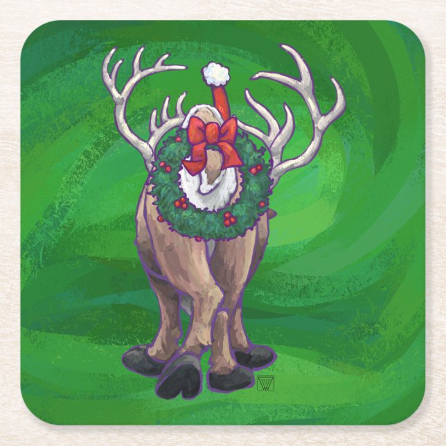 Dessous De Verre Carré Reindees Noël Sur Vert (Devant)