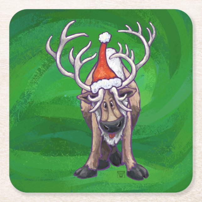 Dessous De Verre Carré Reindees Noël Sur Vert (Devant)