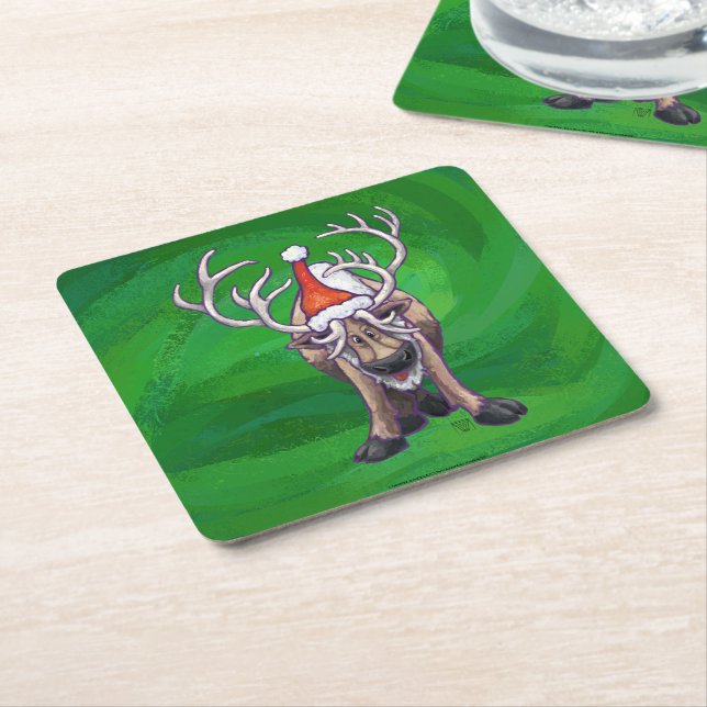 Dessous De Verre Carré Reindees Noël Sur Vert (Incliné)