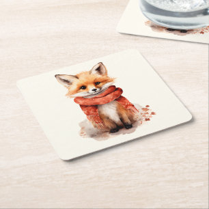 Dessous De Verre Carré Renard mignon en écharpe rouge