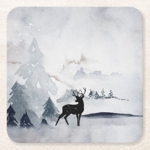 Dessous De Verre Carré Rennes dans l'Aquarelle gris sauvage Noël