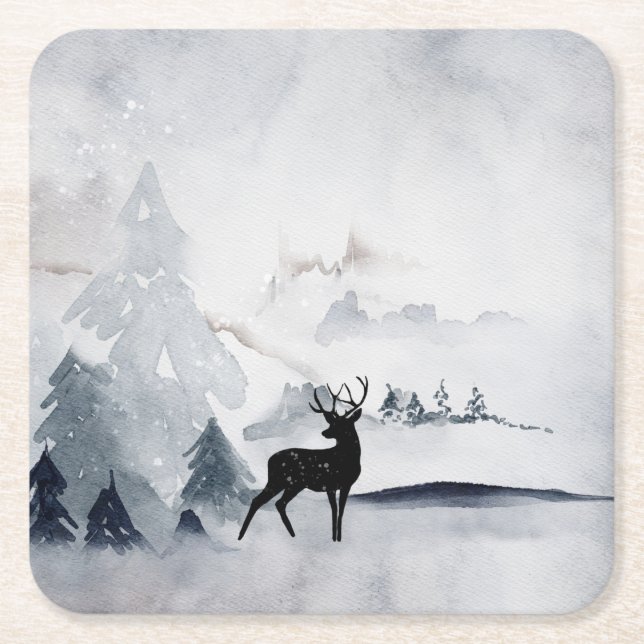 Dessous De Verre Carré Rennes dans l'Aquarelle gris sauvage Noël (Devant)