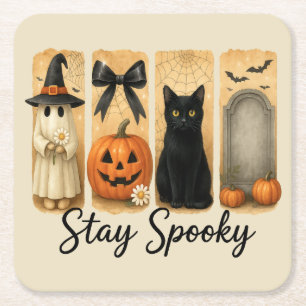 Dessous De Verre Carré "Restez Éffrayant" Halloween Brosse Stroke Chat