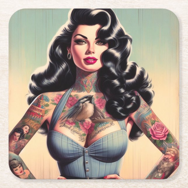 Dessous De Verre Carré Retro Beauté tatoué vers le haut (Devant)