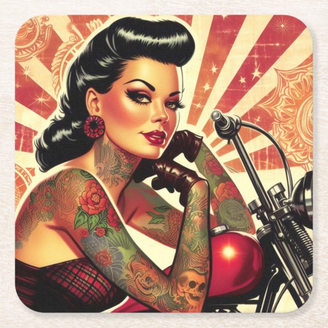 Dessous De Verre Carré Retro Biker Pin-up (Devant)