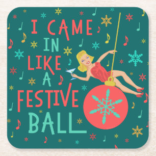Dessous De Verre Carré Rétro femme de Noël drôle sur la boule de fête