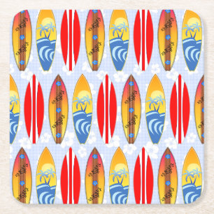 Dessous De Verre Carré Retro Surfboards Light Blue Hibiscus