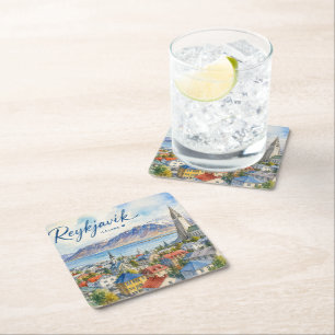 Dessous De Verre Carré Reykjavik Islande souvenir aquarelle