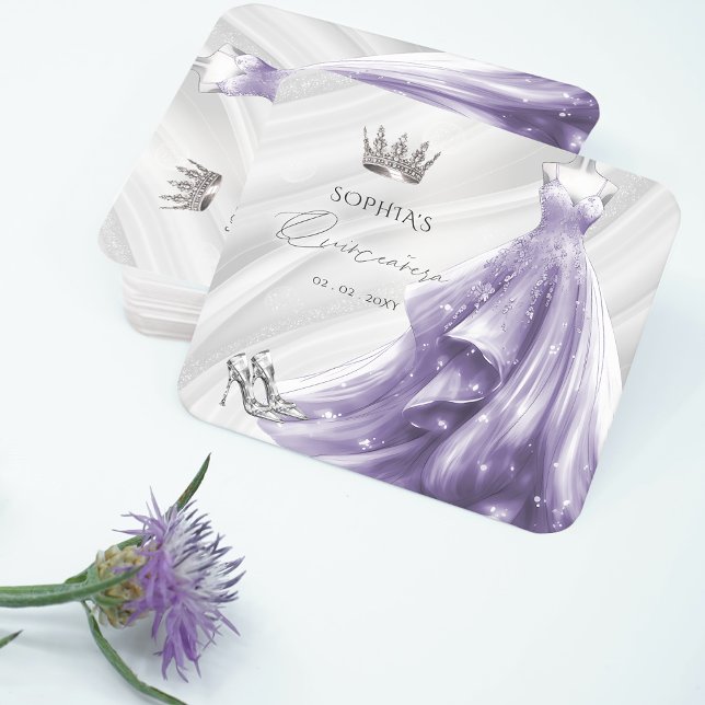 Dessous De Verre Carré Robe violette argentée Princesse Quinceañera (Silver Purple Dress Princess Quinceañera Square Paper Coaster)