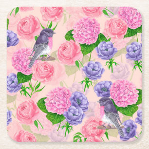 Dessous De Verre Carré Robin et fleurs, motif aquarelle