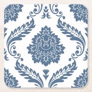 Dessous De Verre Carré Rococo Damassé Grand Motif Bleu sur Blanc