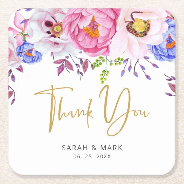 Dessous De Verre Carré Romantique Blush & Mariage Merci or (Devant)