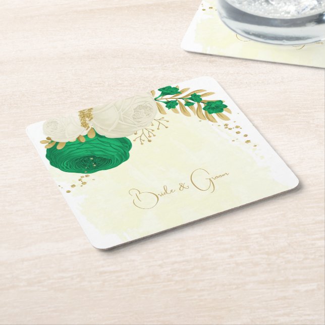 Dessous De Verre Carré Romantique émeraude vert & fleurs blanches or (Incliné)