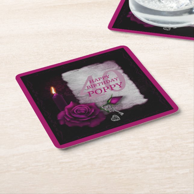 Dessous De Verre Carré Romantique gothique Rose & bougie Anniversaire (Incliné)