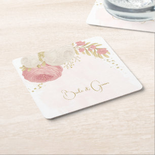 Dessous De Verre Carré Romantique rose & fleurs blanches or