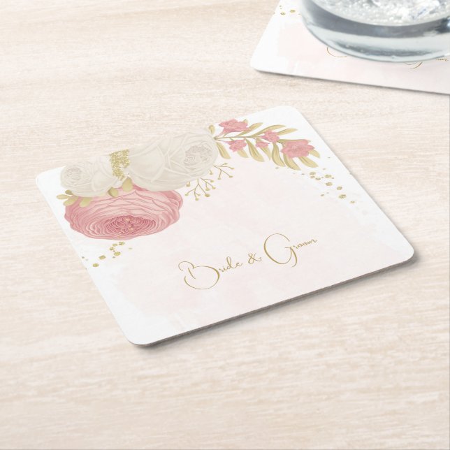 Dessous De Verre Carré Romantique rose & fleurs blanches or (Incliné)