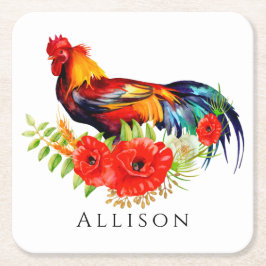 Dessous De Verre Carré Rooster avec Fleurs Carré personnalisé cacao