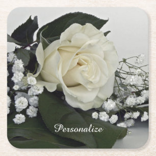 Dessous De Verre Carré Rose Blanche Élégante et Romantique Personnalisabl
