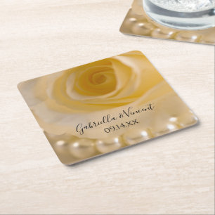 Dessous De Verre Carré Rose blanche et Mariage perles