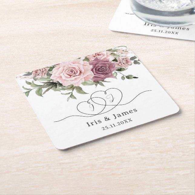 Dessous De Verre Carré Rose de cannelle Blush Floral Wedding Favoriser (Incliné)