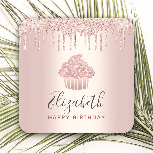 Dessous De Verre Carré Rose gold ajoute ton nom cupcake paillettes goutte (Créateur téléchargé)