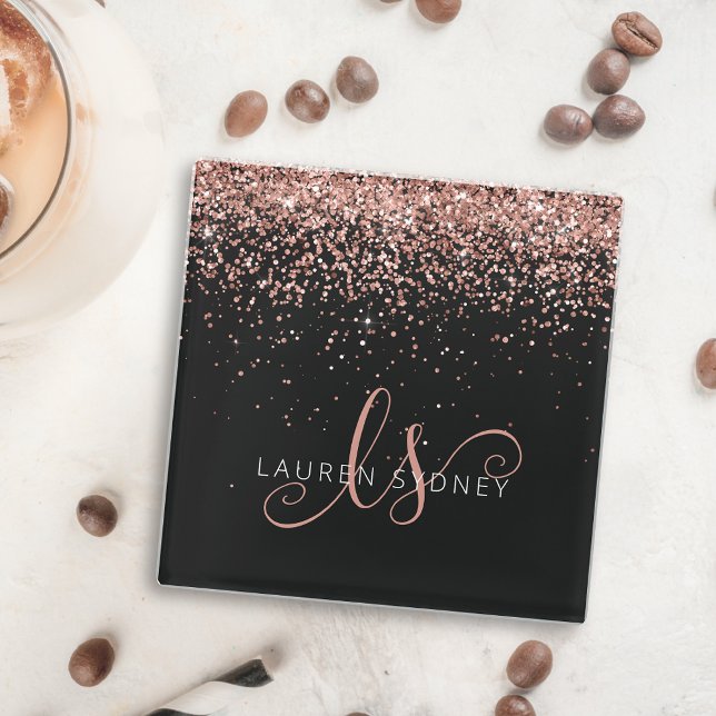 Dessous De Verre Carré Rose Gold Blush Pink Parties scintillant Glam Nom  (Créateur téléchargé)