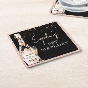 Dessous De Verre Carré Rose Gold Bubbly Champagne fête d'anniversaire