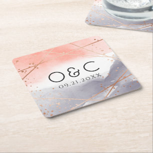 Dessous De Verre Carré Rose Gold Dawn Aquarelle Mariage géométrique
