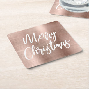 Dessous De Verre Carré Rose Gold Métallisé Calligraphie Joyeux Noël