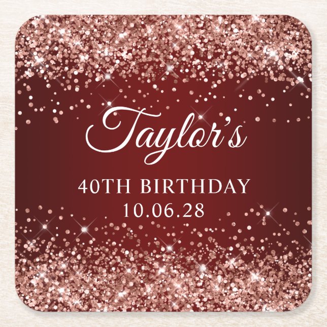Dessous De Verre Carré Rose Gold Parties scintillant rouge foncé 40e anni (Devant)