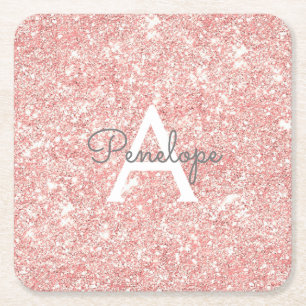 Dessous De Verre Carré Rose Gold Rose Pailleté Monogramme Féminin