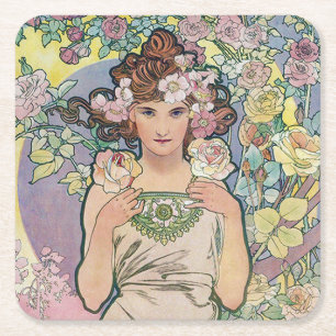Dessous De Verre Carré Rose (Quatre Fleurs), Alphonse Mucha