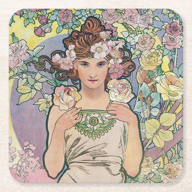 Dessous De Verre Carré Rose (Quatre Fleurs), Alphonse Mucha (Devant)