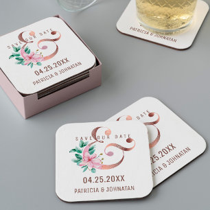 Dessous De Verre Carré Rose rose orné d'or ampersan et enregistrer la dat