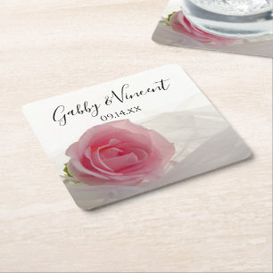 Dessous De Verre Carré Rose rose sur Mariage blanc