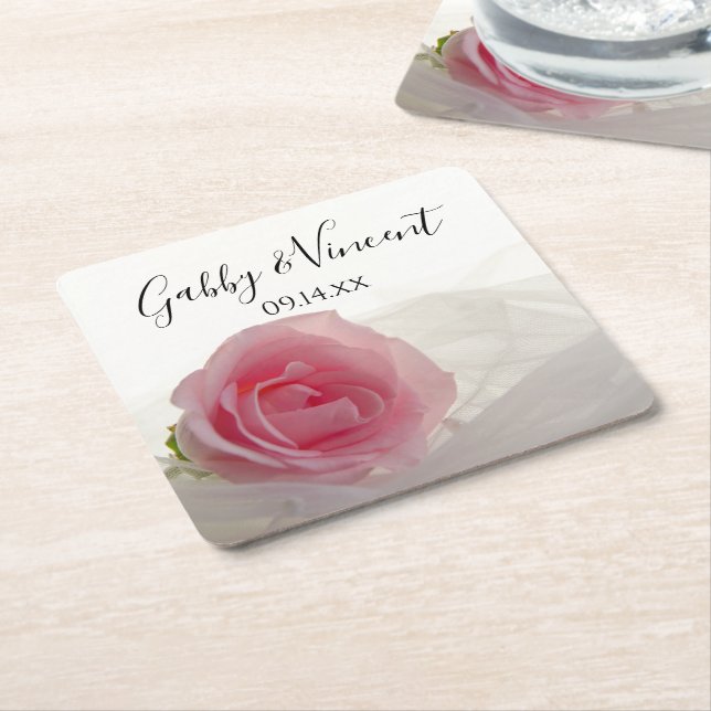 Dessous De Verre Carré Rose rose sur Mariage blanc (Incliné)