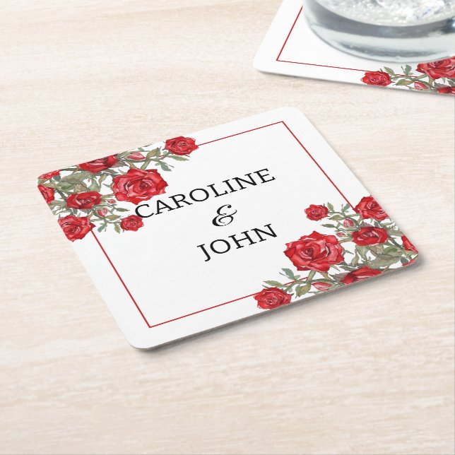 Dessous De Verre Carré Rose rouge Mariage floral (Incliné)