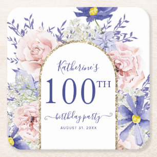 Dessous De Verre Carré Rose violet floral Dieu cadre 100e fête d'annivers