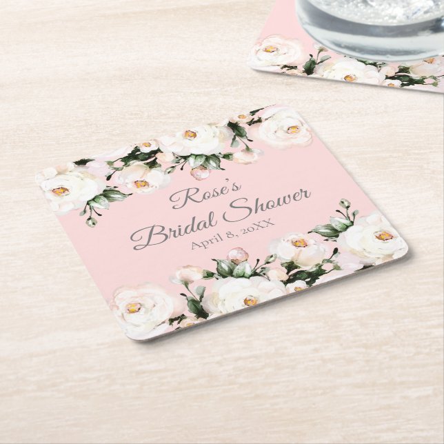 Dessous De Verre Carré Roses Blanches | Réception de Mariage Rose (Incliné)