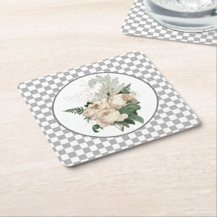 Dessous De Verre Carré Roses blanches vintage damier 