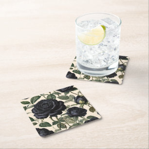 Dessous De Verre Carré Roses Noirs Et Feuilles Verts,