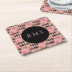 Dessous De Verre Carré Roses roses sur le Monogramme arlequin  