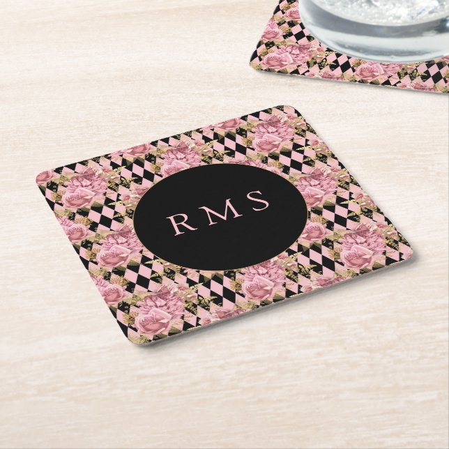 Dessous De Verre Carré Roses roses sur le Monogramme arlequin (Incliné)