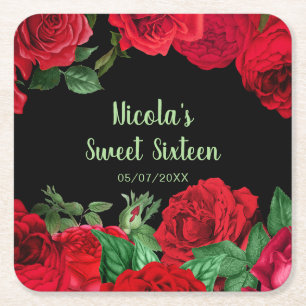 Dessous De Verre Carré Roses Rouges Élégantes Fleurs Sweet Sixteen