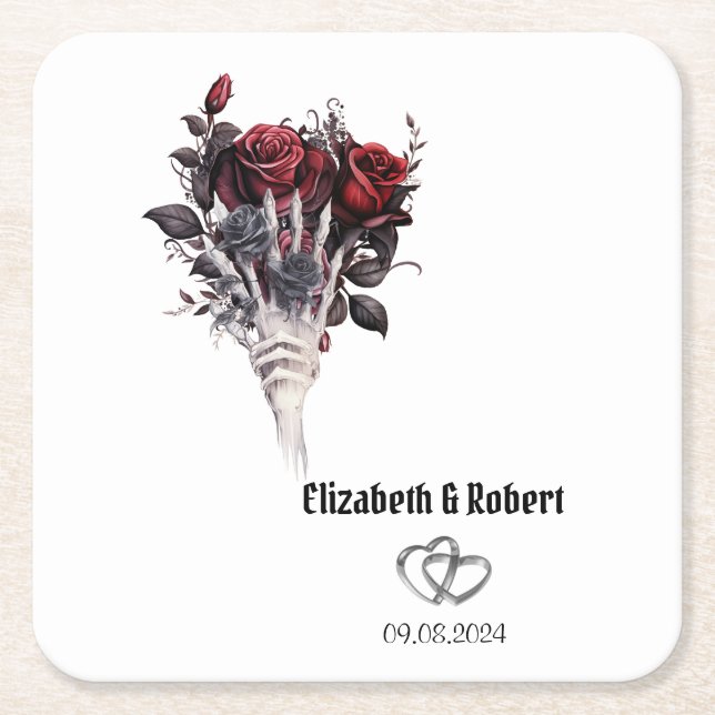 Dessous De Verre Carré Roses rouges gothiques Squelette Mariage (Devant)
