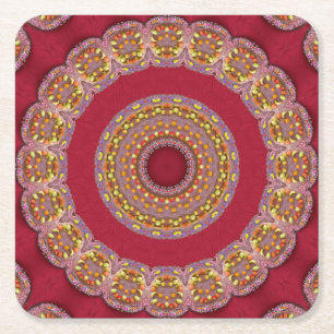 Dessous De Verre Carré Rosettes Mandala Rouge Or Jaune