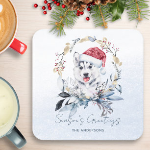 Dessous De Verre Carré Rouge Berry Gold Wreath Siberian Husky Chien Noël