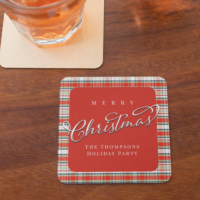 Dessous De Verre Carré Rouge et vert Joyeux Noël Plaid Custom (Merry Christmas red and green holiday plaid paper coaster)