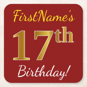 Dessous De Verre Carré Rouge, Faux Gold 17e anniversaire + Nom personnali
