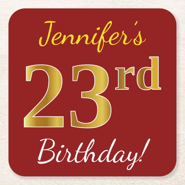 Dessous De Verre Carré Rouge, Faux Gold 23e anniversaire + Nom personnali (Devant)